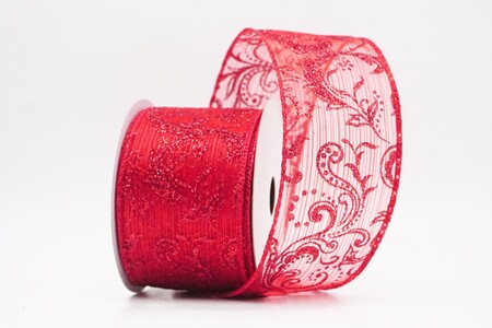 Red Glitter Filigree Scroll Sheer Ribbon_KW0453GC-7-7